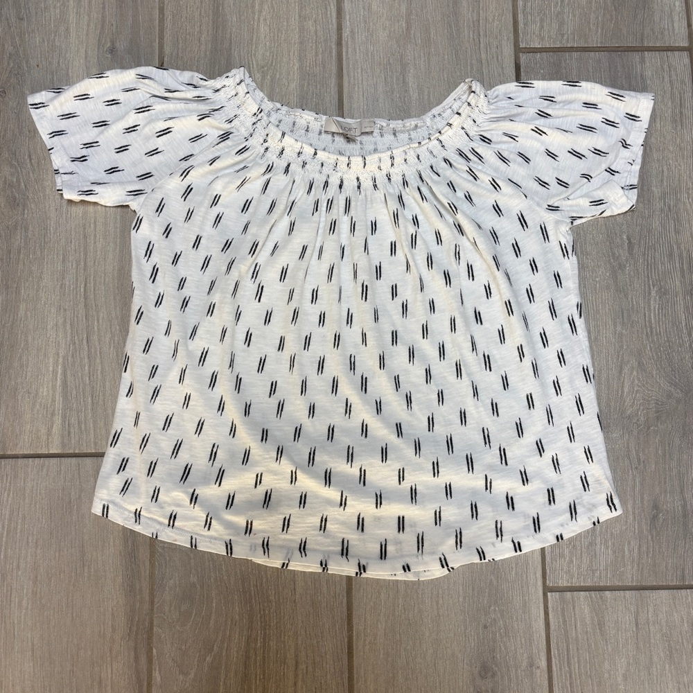 LOFT White & Blue Print Off-the-Shoulder Top – Medium Petite (Fits Like Small)